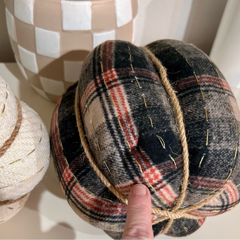 Plaid and Cream Fabric Pumpkins Set of 2 - Picture 4 of 4